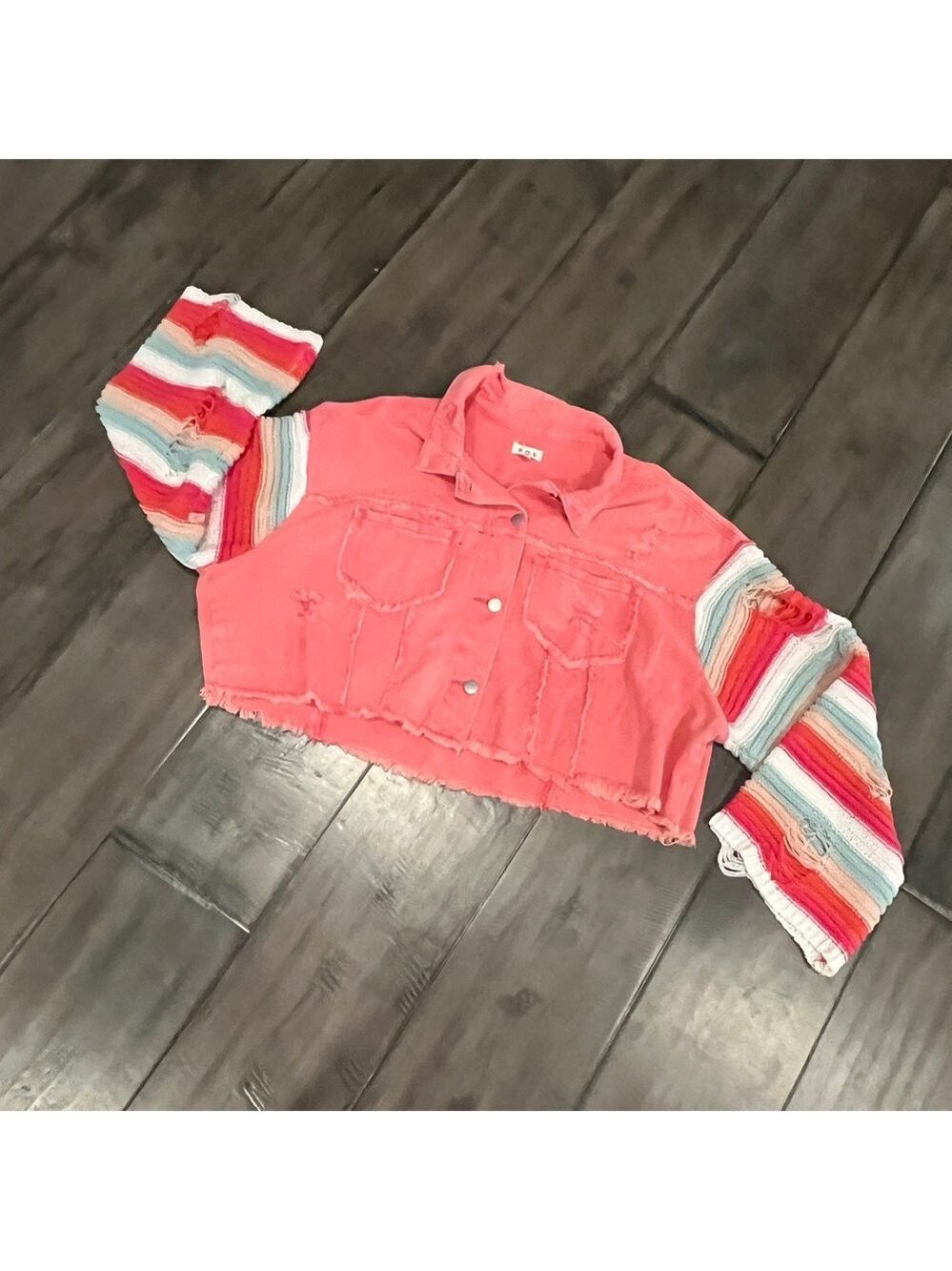 POL Cropped Pink Denim Distressed Jacket with Crochet Sleeves - Size Large - Picture 10 of 16